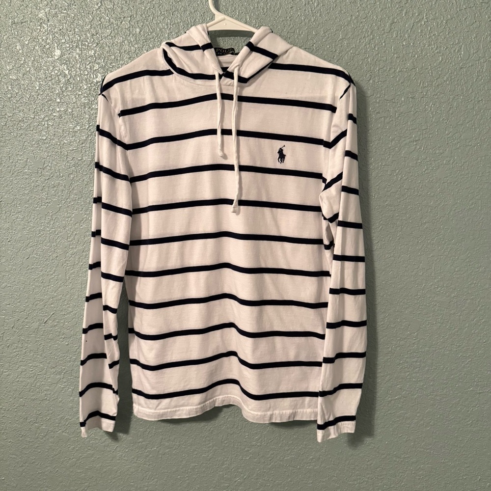 Polo Ralph Lauren Hoodie Striped T Shirt White Blue Pony Long Sleeve size Small